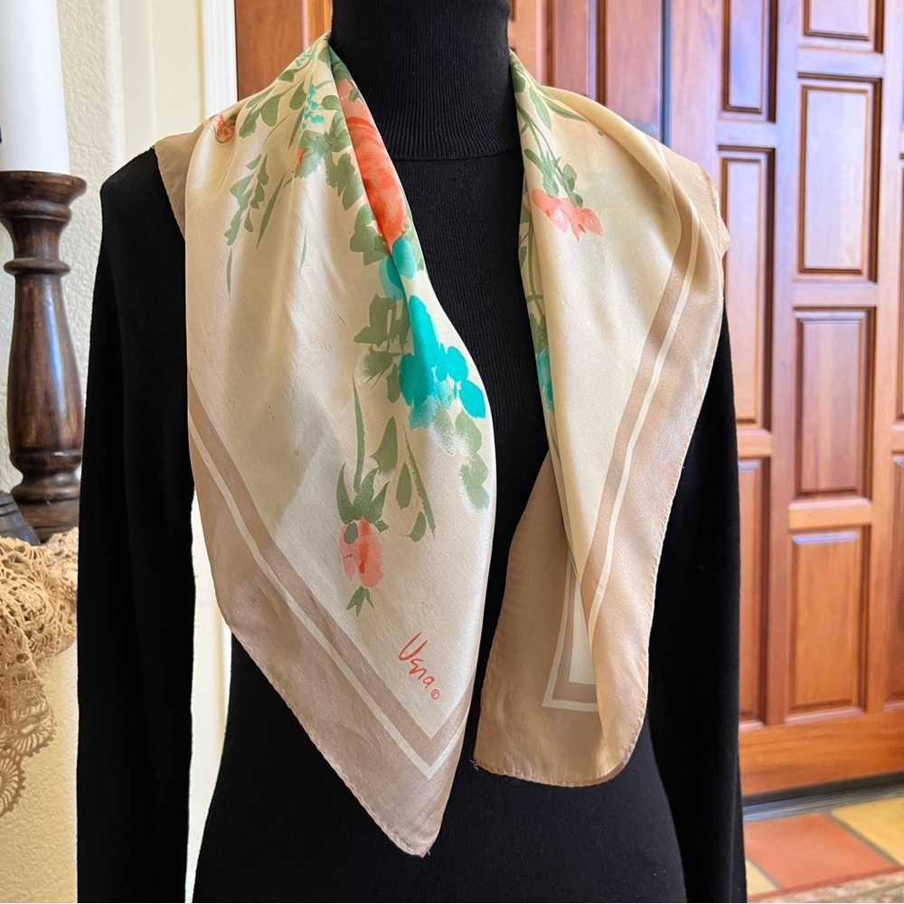 Vera Neumann Floral Scarf: 1970s Vintage Hand-Rolled Silk 28” Square